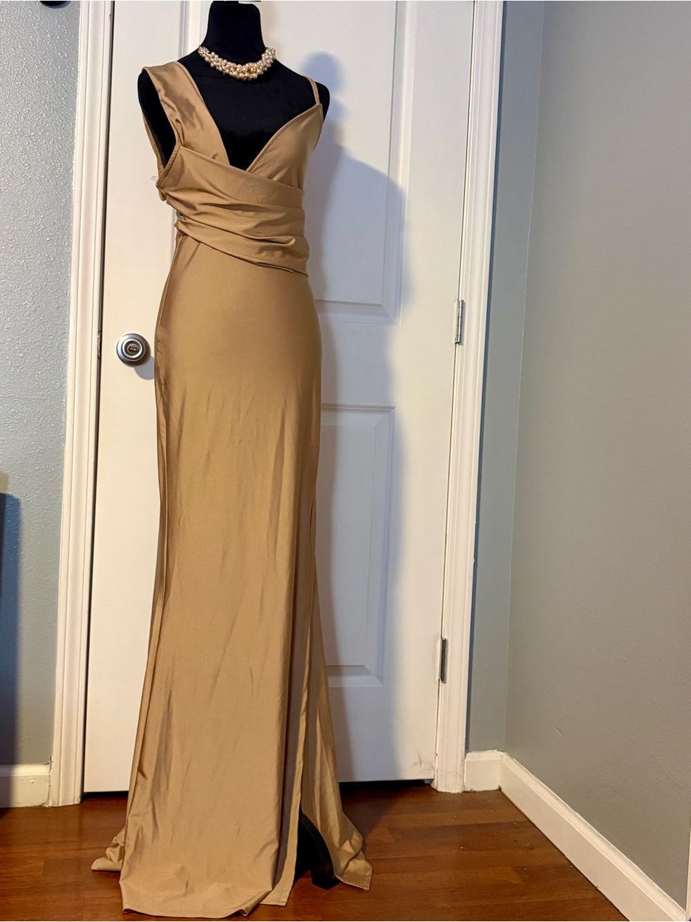 Fashion Nova Champagne Satin Maxi Dress